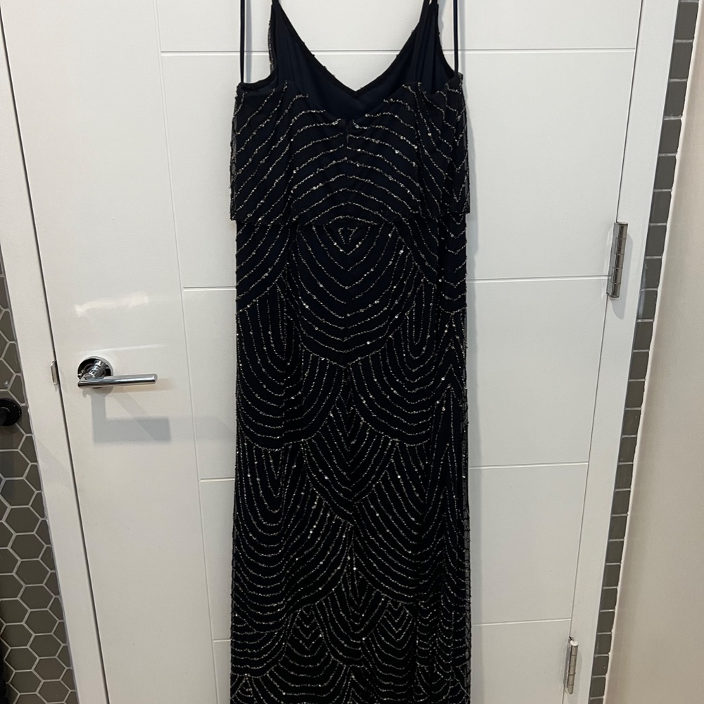 Adrianna Papell Art Deco Beaded Blouson Navy Full Length Formal Gown - Picture 9 of 14